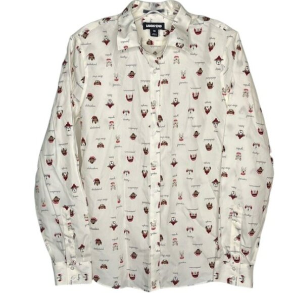 Lands' End Supima Cotton L/S Printed Dog Shirt - Ivory/Brn/Tan/Red - 10 - Picture 1 of 12
